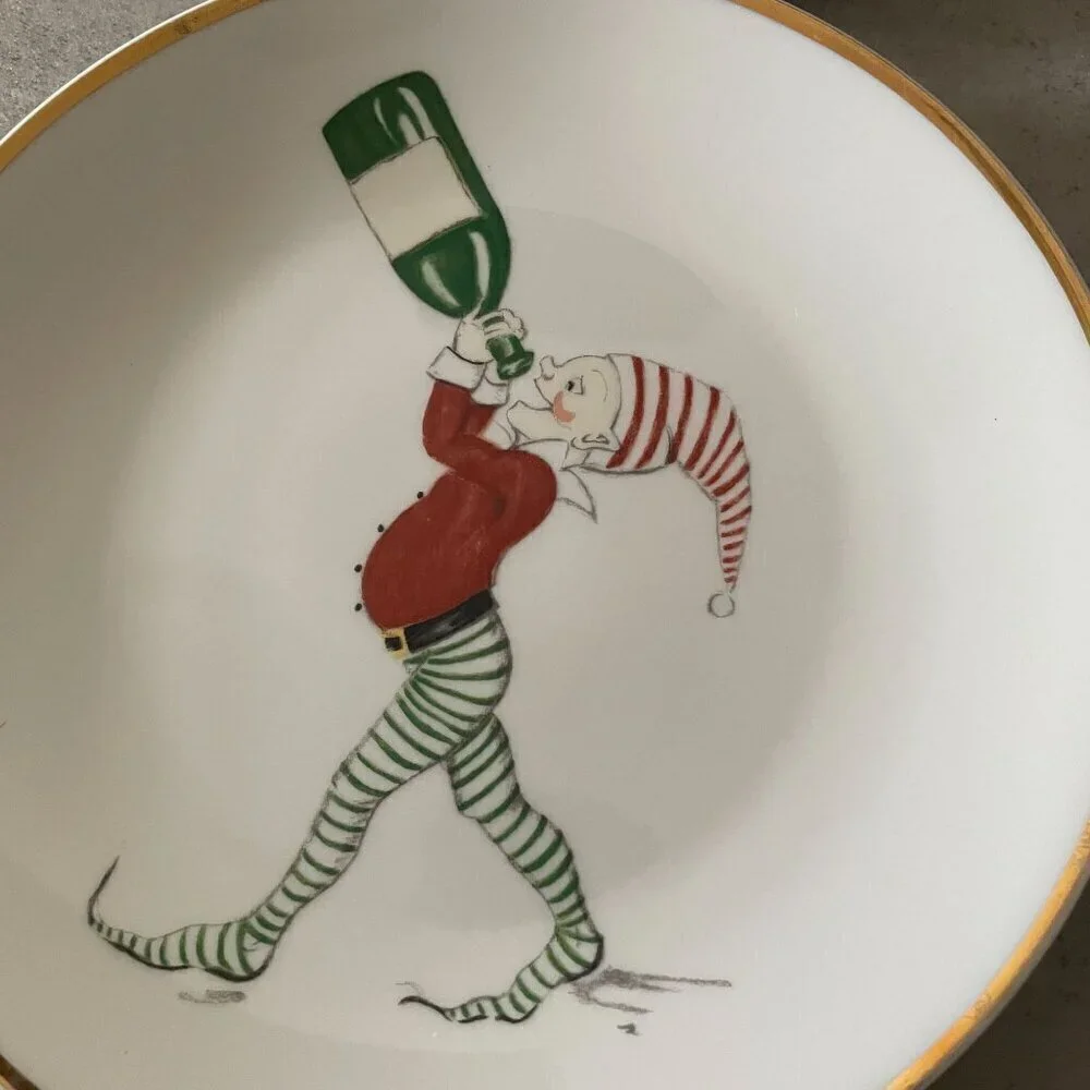Restoration Hardware Christmas Naughty Elf 6 Salad Plates Boxed RARE Vintage